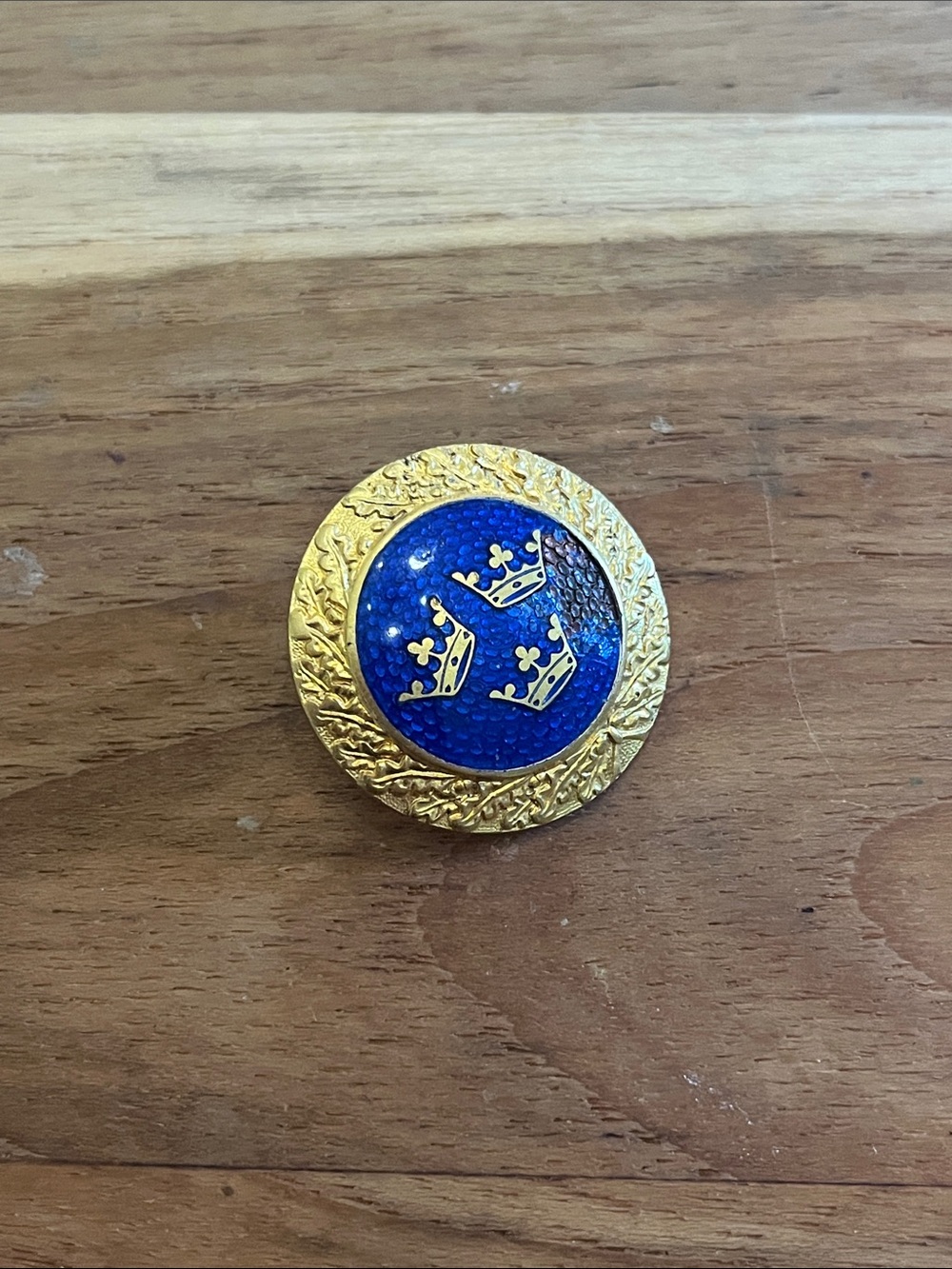 Gold and Blue Enamel Crown Brooch - Classic Women's Jewelry